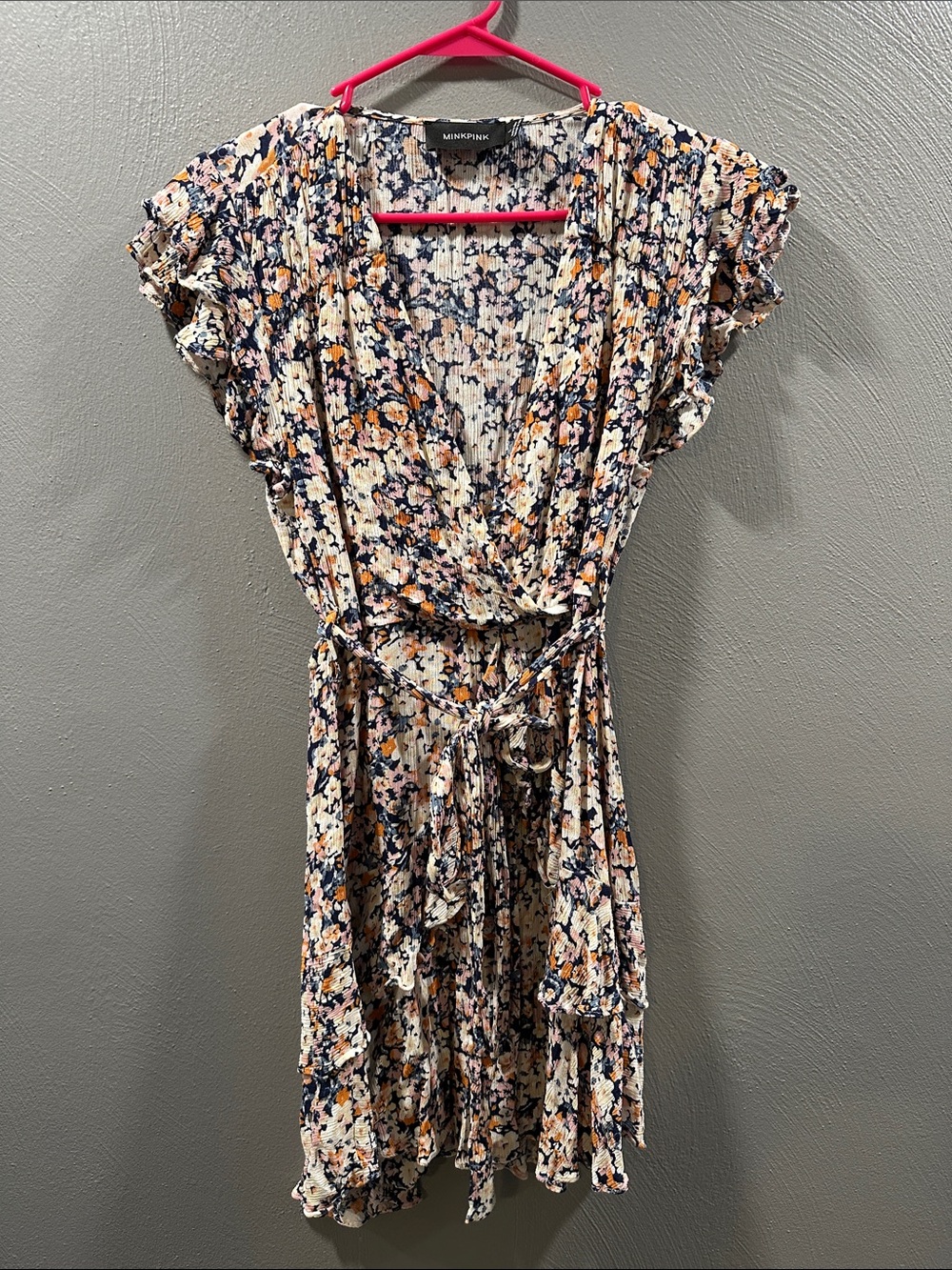 MinkPink Floral Plisse Mini Dress Navy Cream Orange Ruffle Wrap V-Neck Large